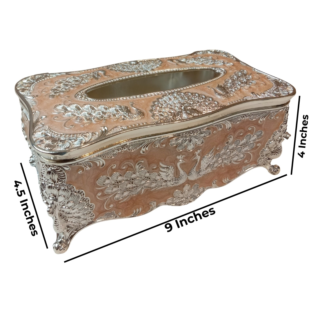 Tissuebox-white metal with peach enamel peacock design