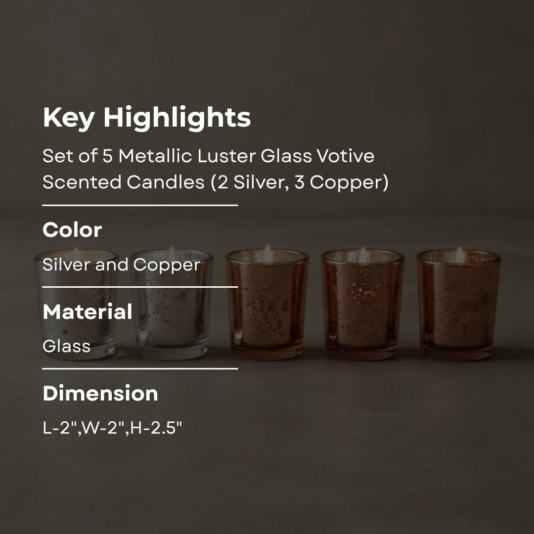 Set of 5 Metallic Luster Glass Votive Scented Candles ( 2 pc Silver, 3 pc Copper)