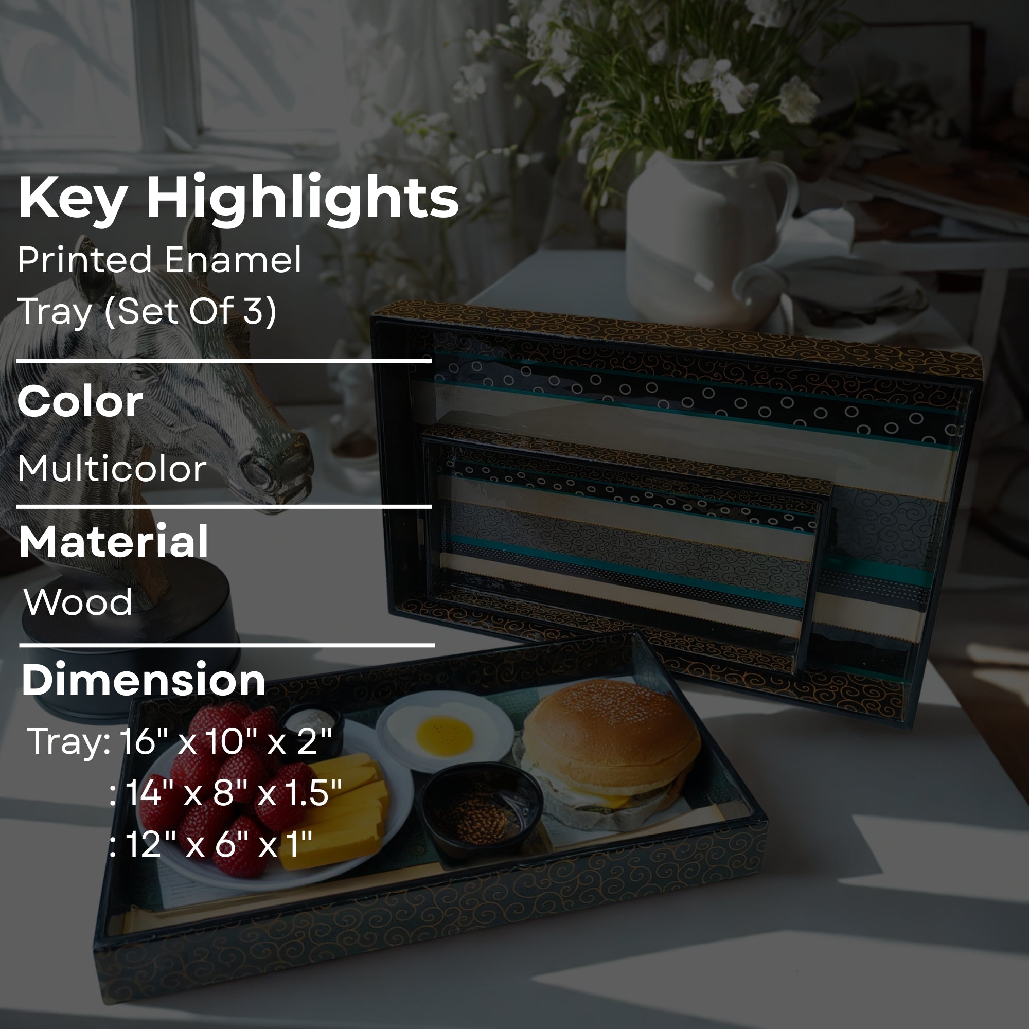 Wooden Abstract Printed Enamel Tray set of 3