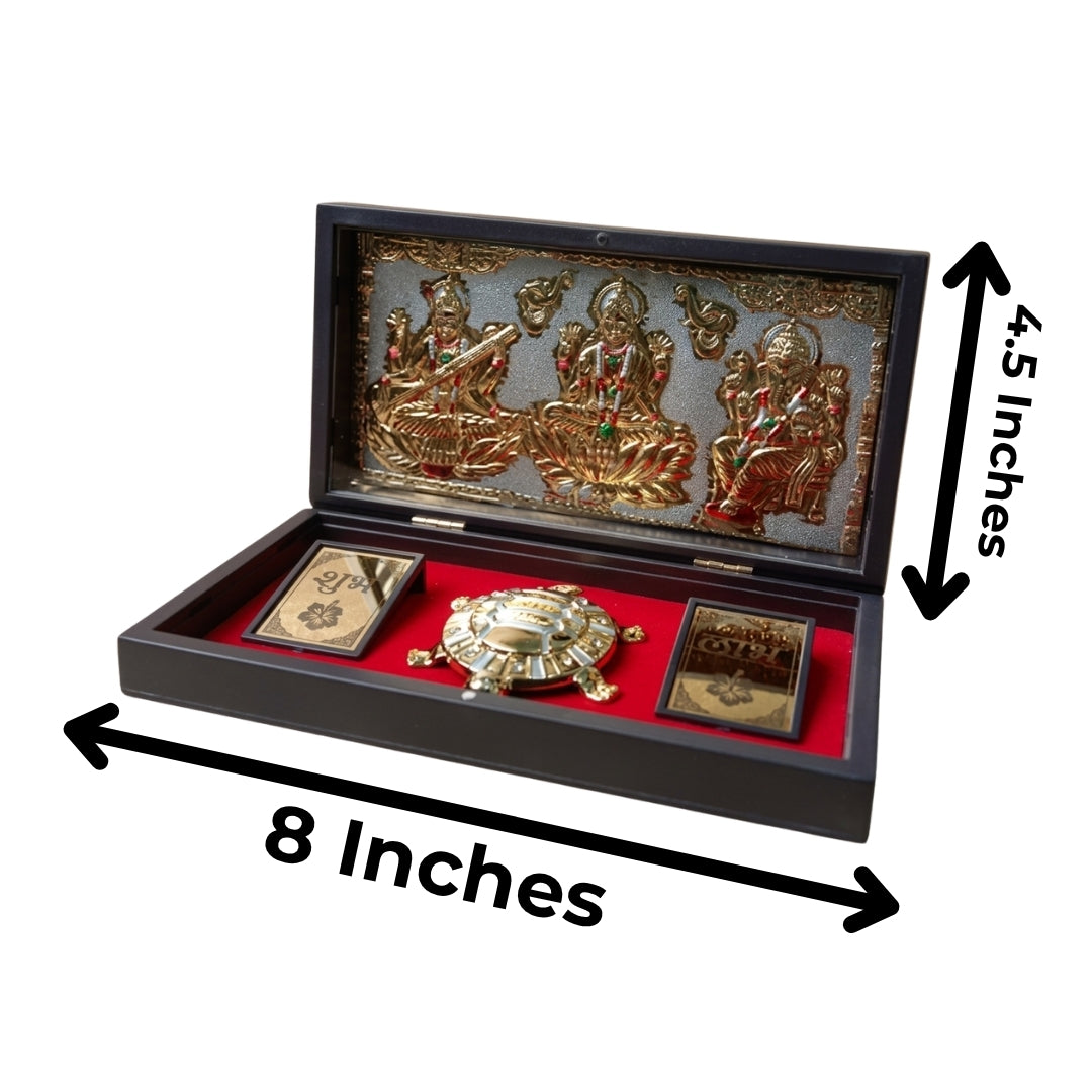 999 Pure Silver & 24K Gold Plated Laxmi Ganesh Saraswati Idol with Feng Shui Kachua Pooja Box