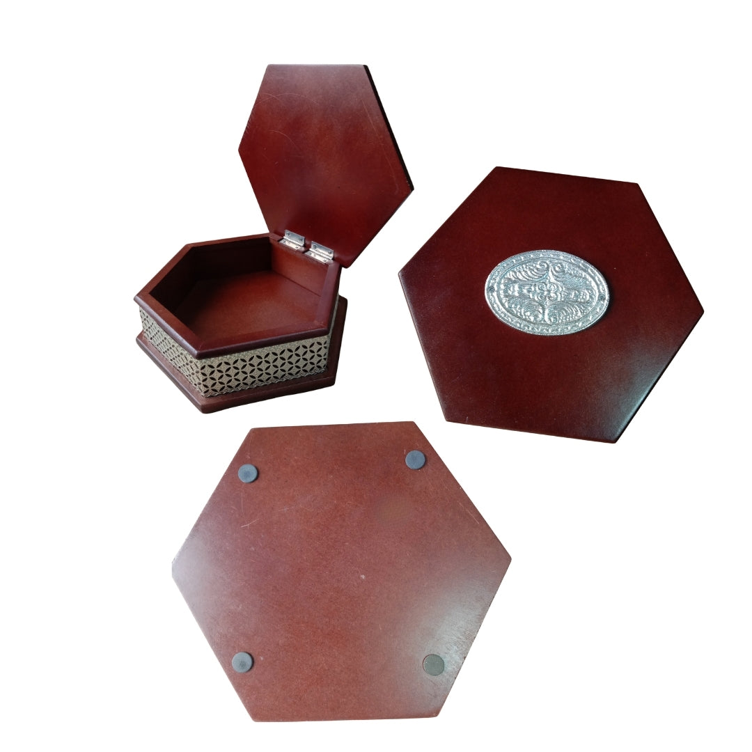 Hexagonal Wooden Silver-Plated Mithai Box