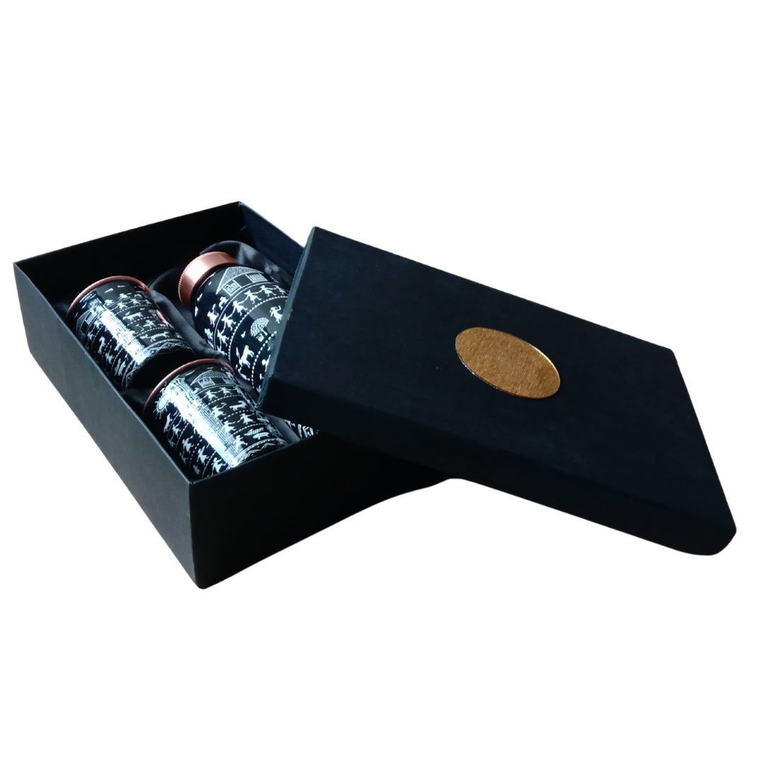 Handcrafted Copper Bottle and 2 Glass Set with Enamel Warli Print