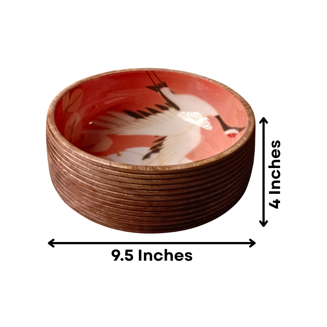 Flamingo Print Enamel & Ribbed Wooden Salad Bowl Set