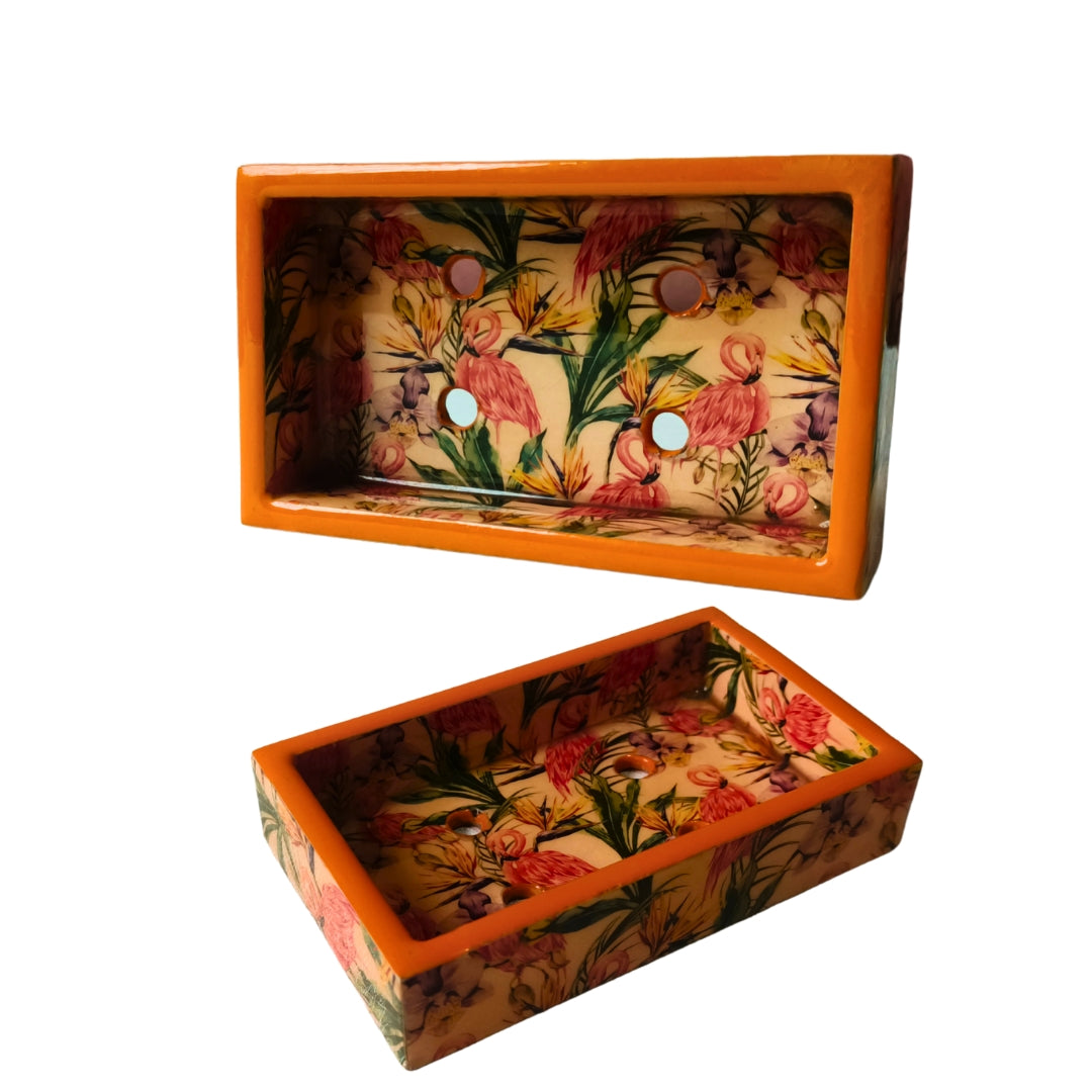 wooden water resistant Flamingo print & enamelled Bathroom Set of 4