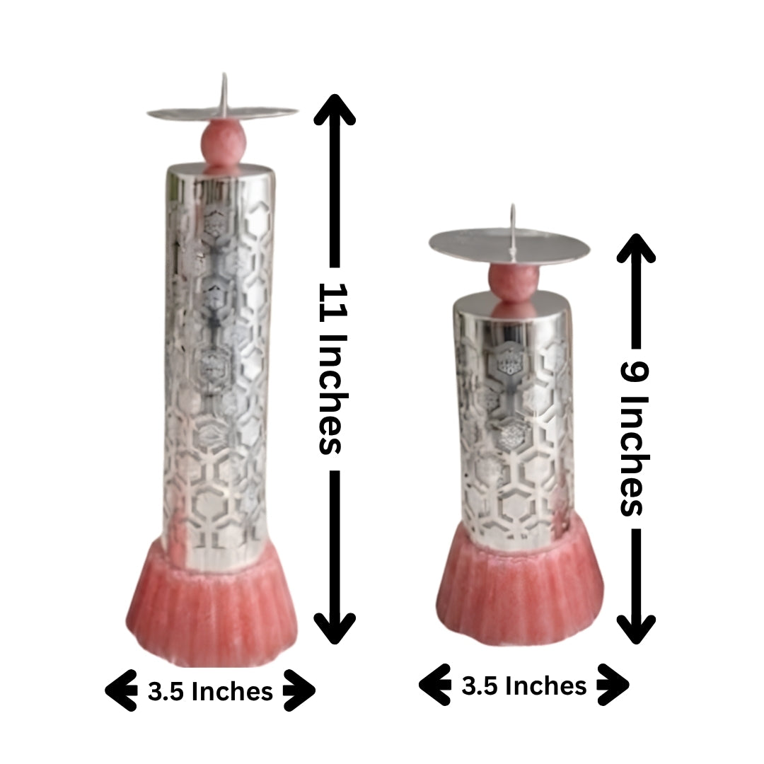 Luxury Silver Plated Pillar Candle Holder Set of 2 in Premium Pink Velvet Box