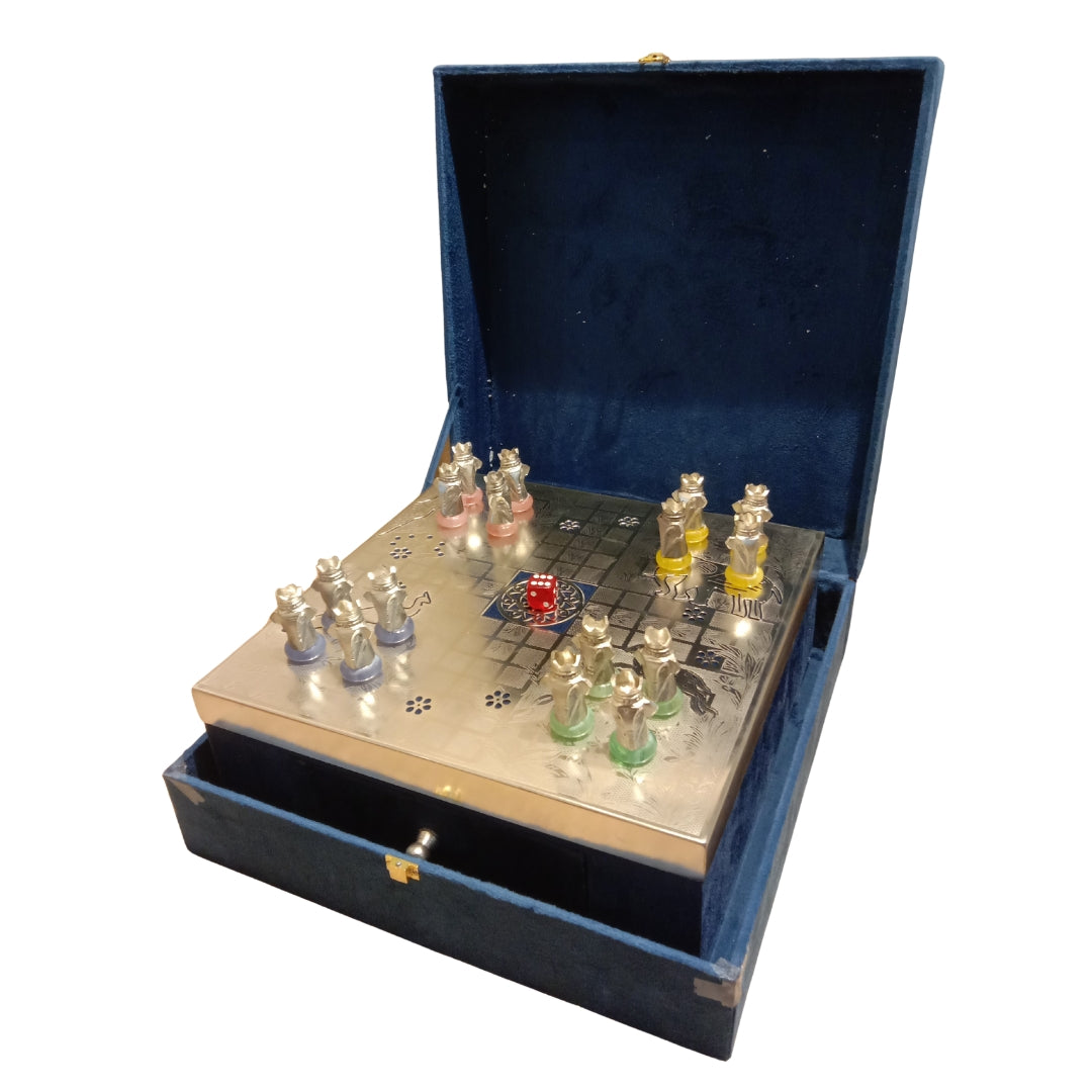 Luxury Silver Plated Ludo Board Game Set with Metal Pawns & Velvet Storage Box