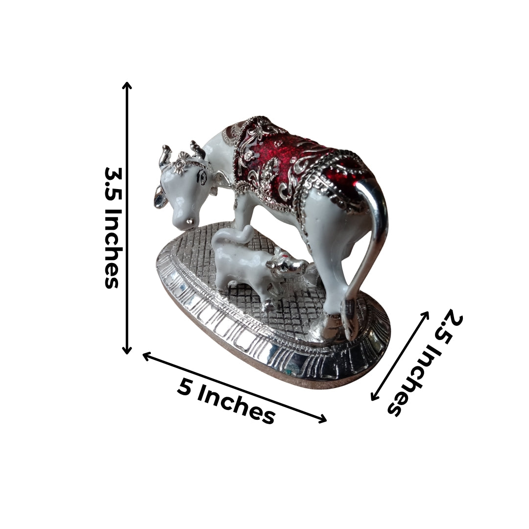 The Home Co. 999 Pure Silver Plated with meena Kamdhenu Cow & Calf Idol with Om Detail (4.5") | Single-Tone Om Showpiece in Premium Velvet Gift Box