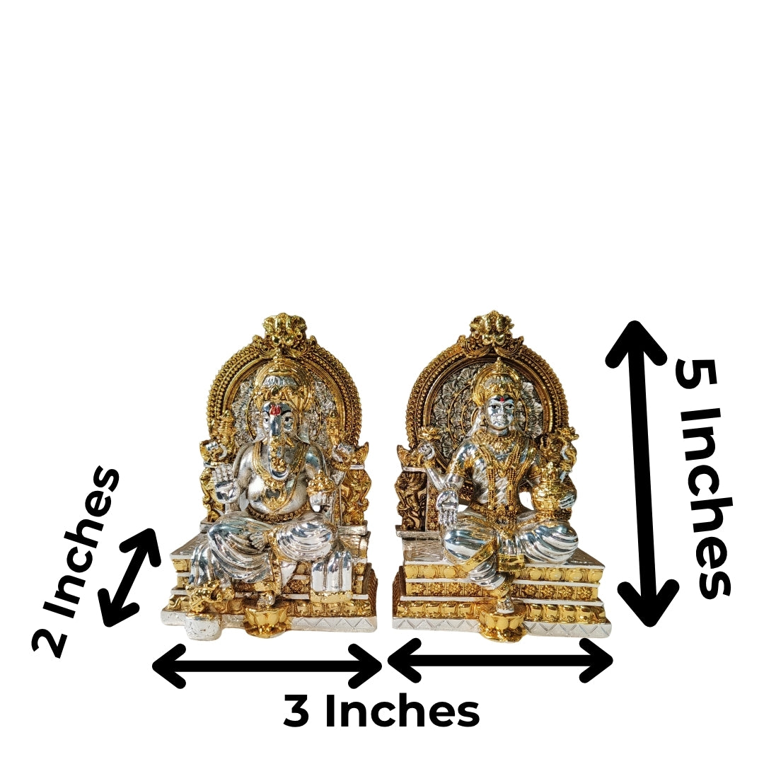 The Home Co- 999 Pure Silver & 24K Gold Plated The Divine Union: Lakshmi & Ganesha Silver & Gold Plated Fiber Idols(seating on sihasan )