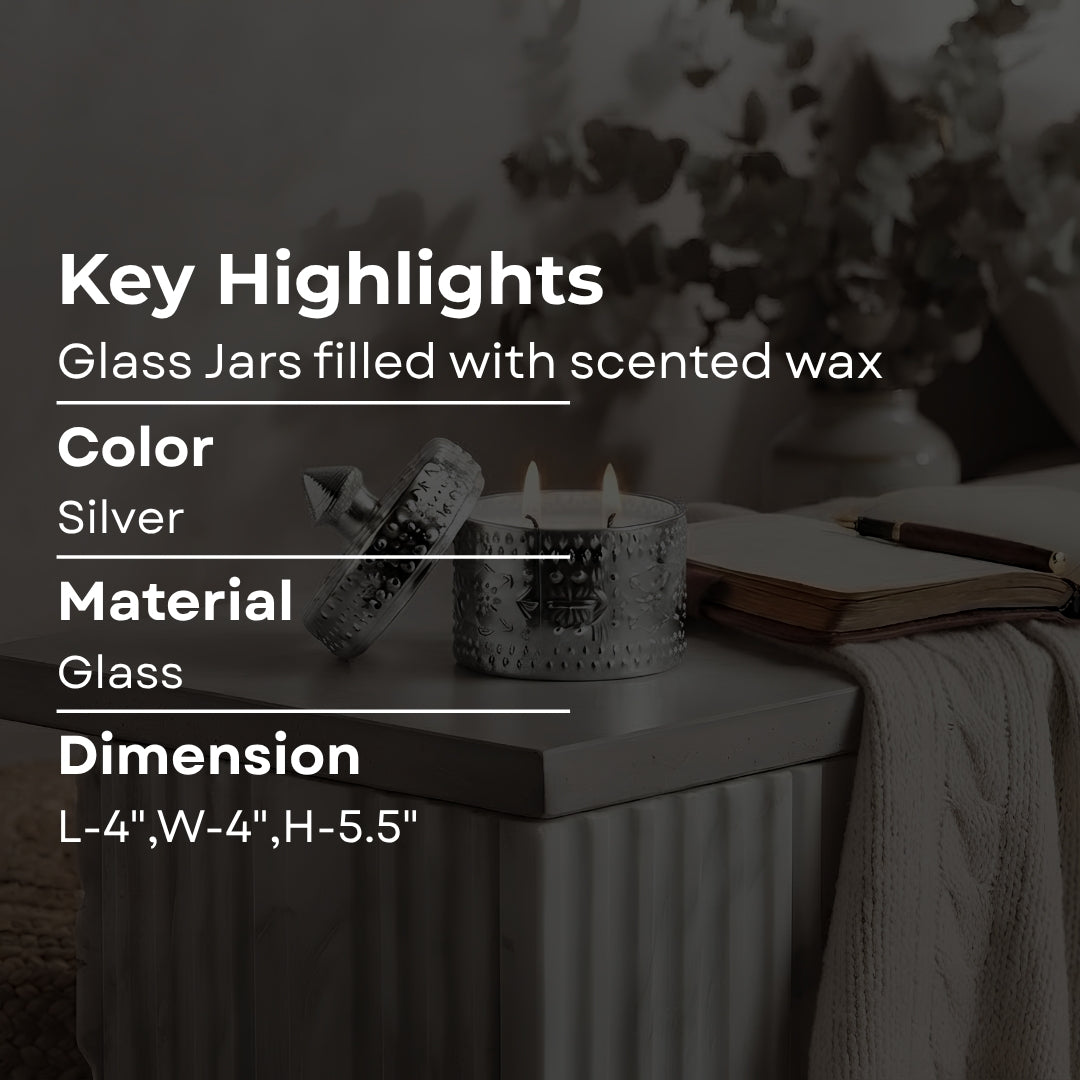 Decorative Silver Embossed Glass Jar with Scented Wax - Elegant Candle Holder