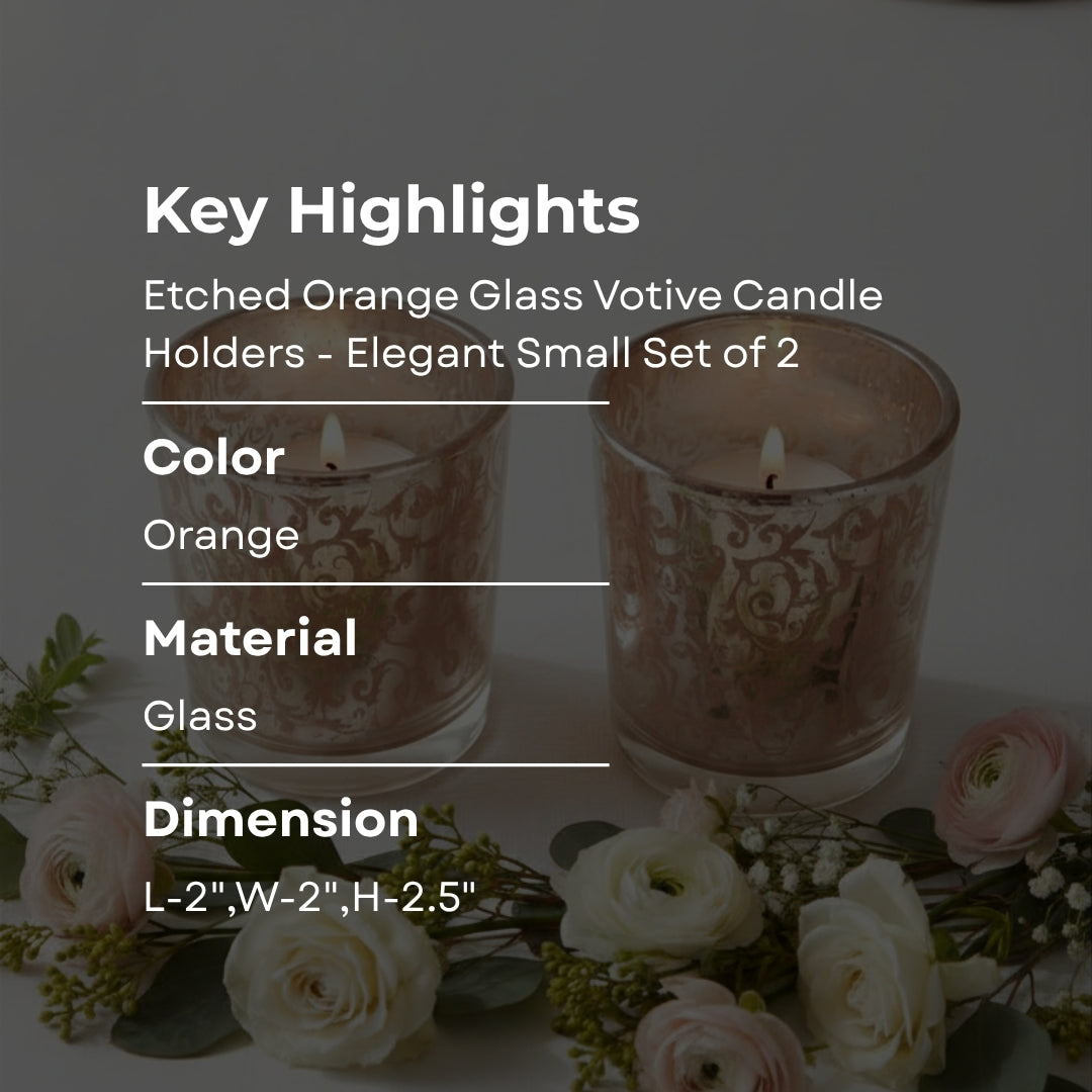 Etched Orange Glass Votive Candle Holders - Elegant Small Set of 2