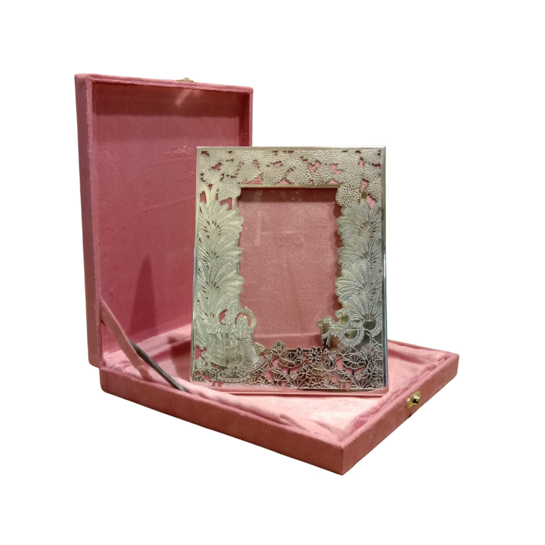 Silver Plated Raas Leela Radha Krishna Photo Frame (Pink Velvet Box)