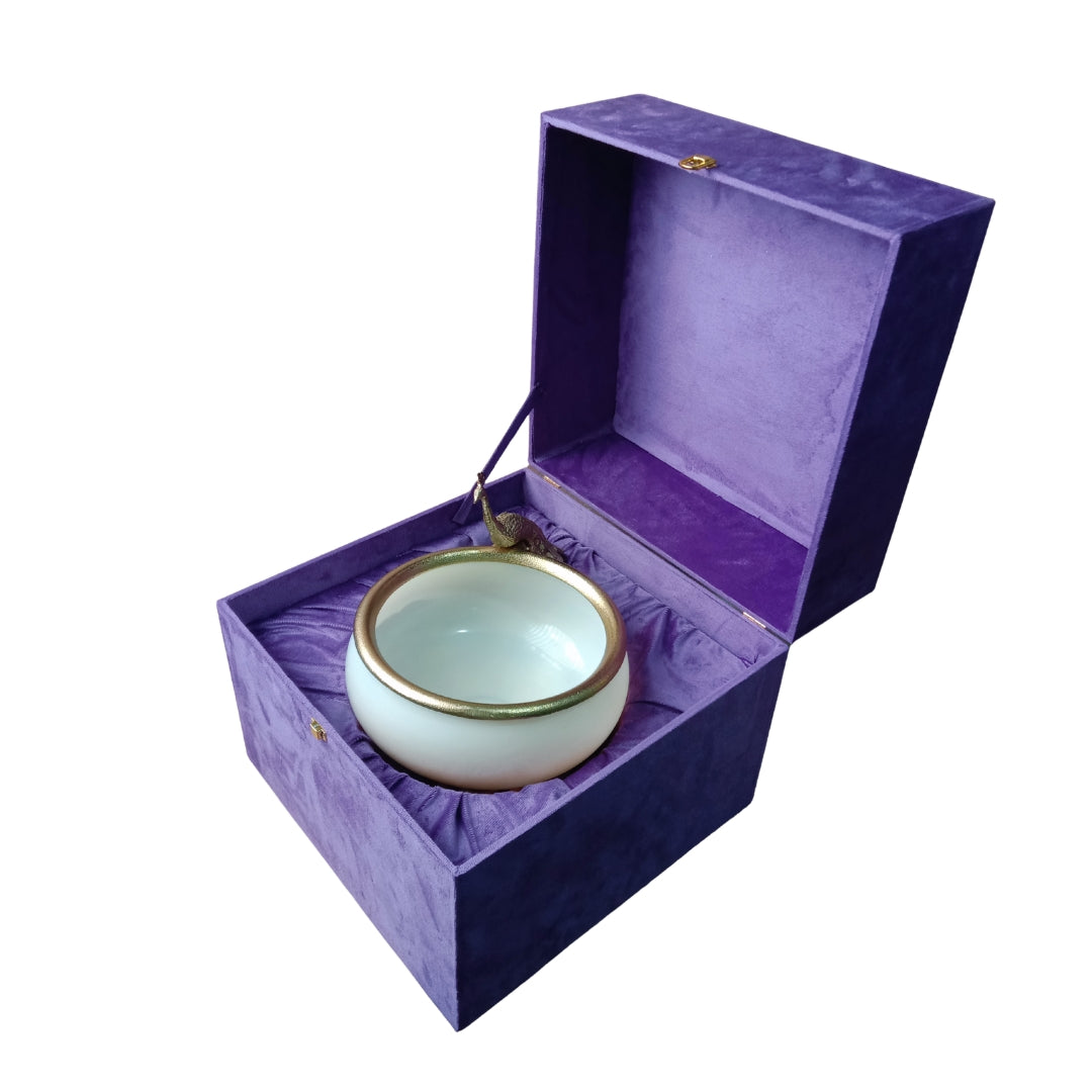 Handcrafted Glass Peacock Bowl with Premium Velvet Gift Box (Silver/Gold Trim)