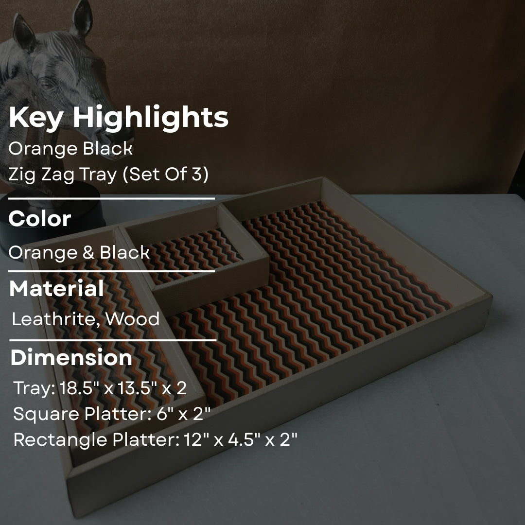 Orange & Black Zig Zag Leathrite Tray Set of 3