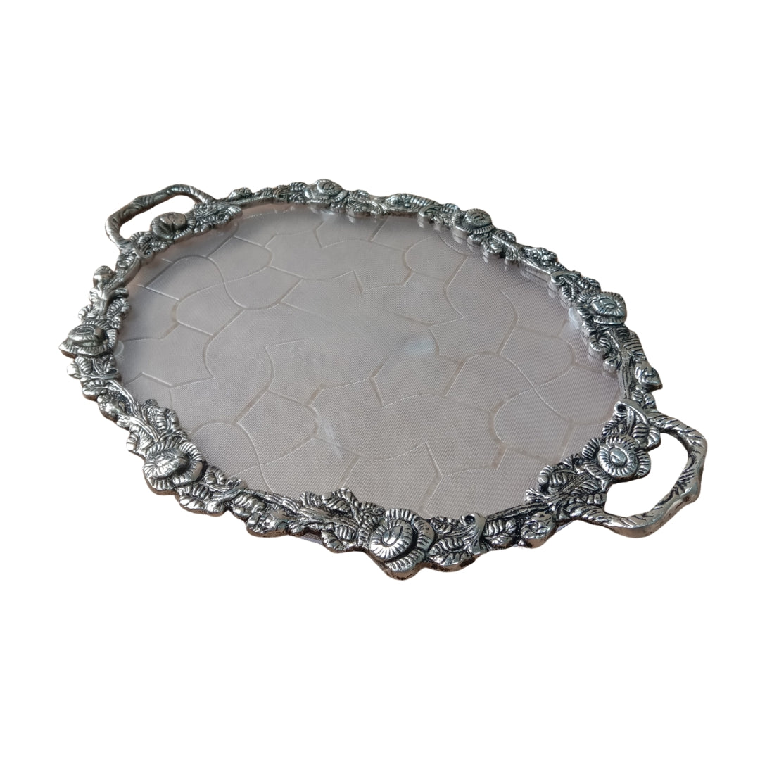 Silver Plated Glass and Tray Set of 7with Floral Motif