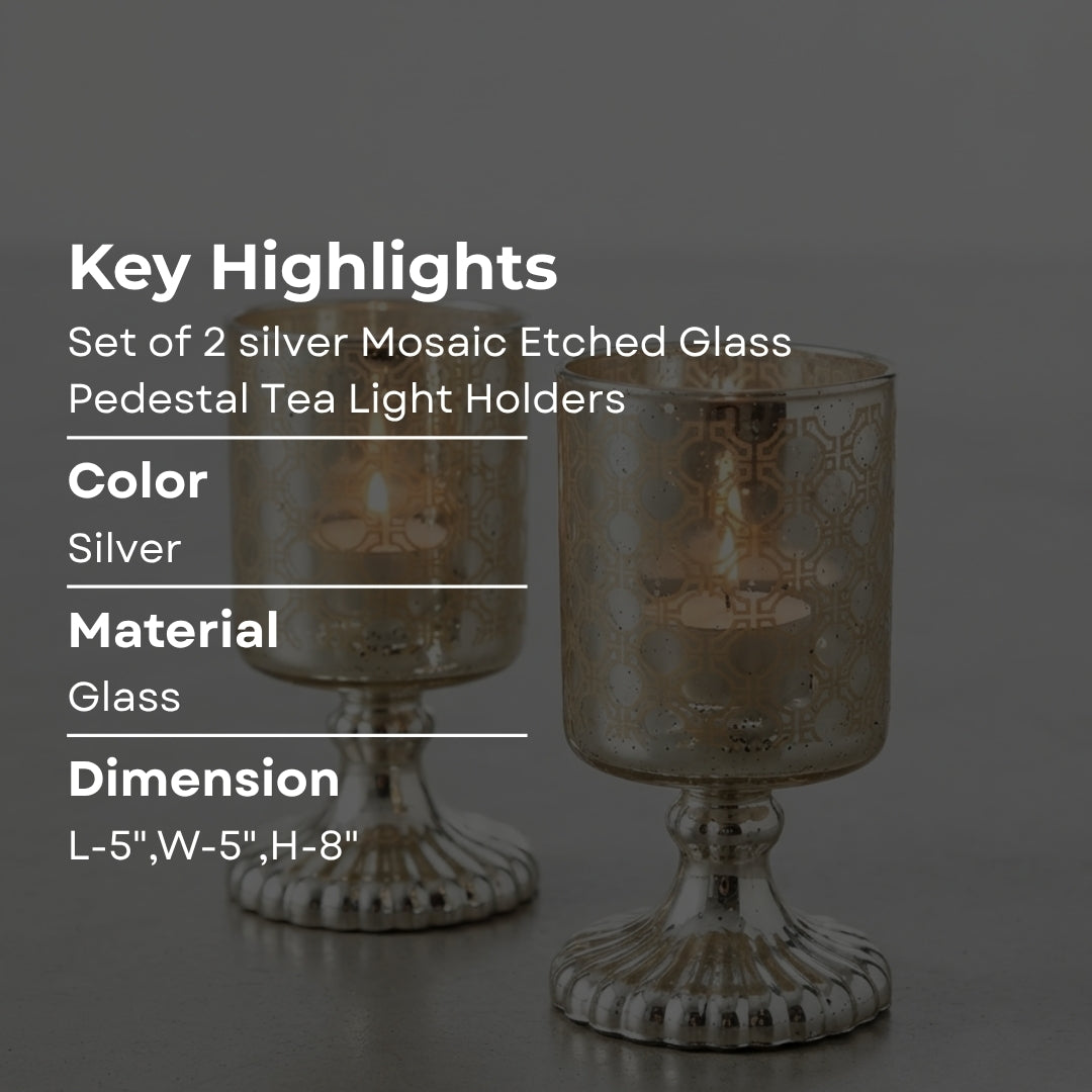 Set of 2 silver Mosaic Etched Glass Pedestal Tea Light Holders