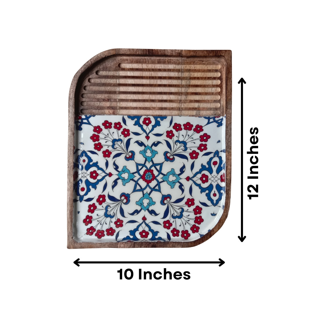 Turkish Print Enamel & Ribbed Wooden Rectangular Platter