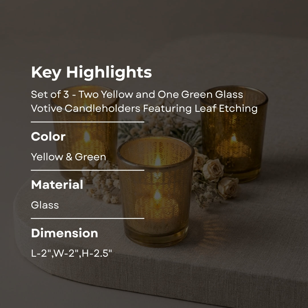 Set of 3 - 2 pc Yellow + 1 pc green Glass Votive Candleholders with Leaf Etching