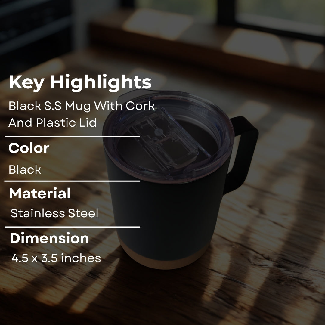 Black Stainless Steel Mug With Cork And Plastic Lid