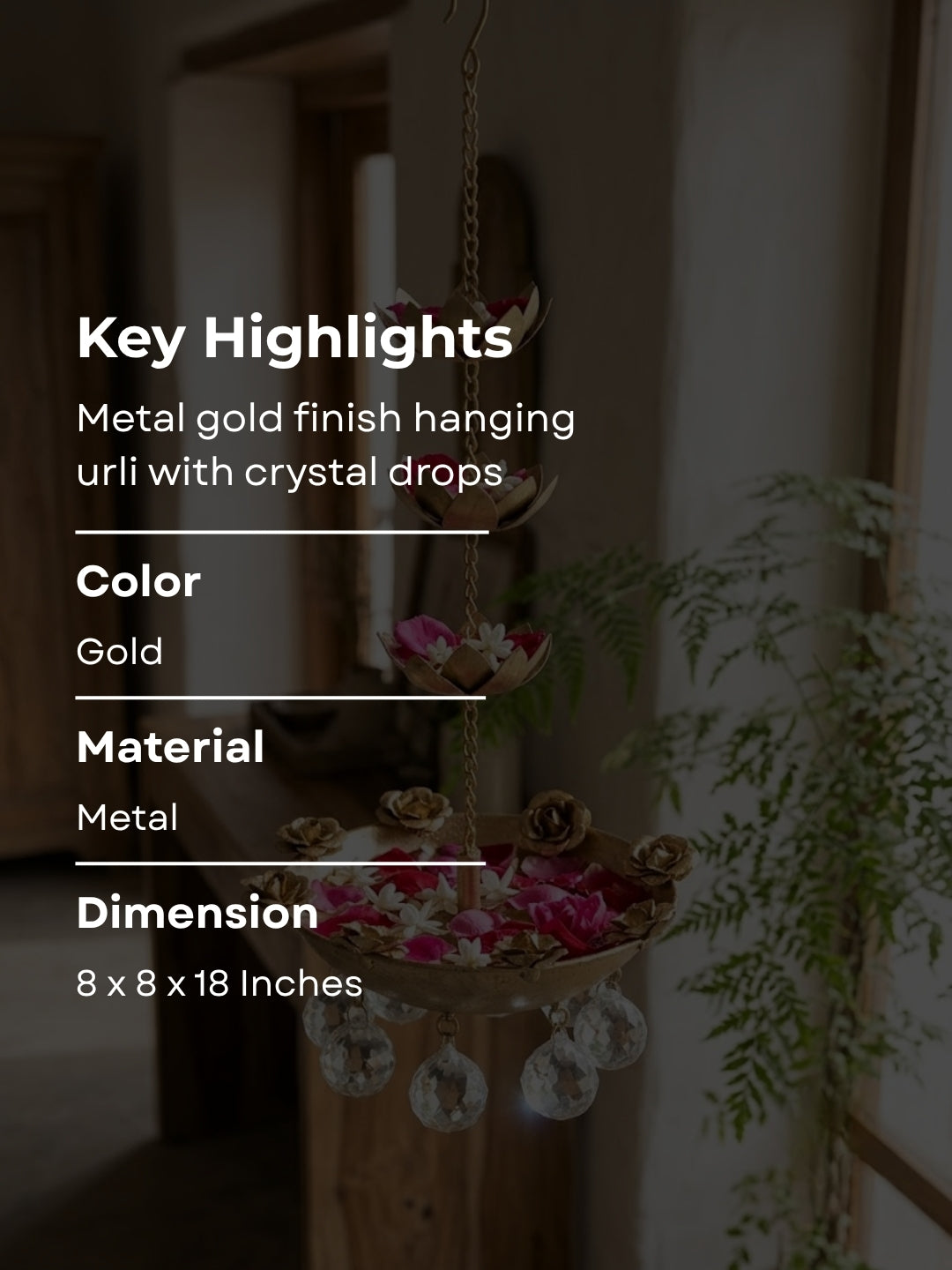 Metal gold finish hanging urli with crystal drops