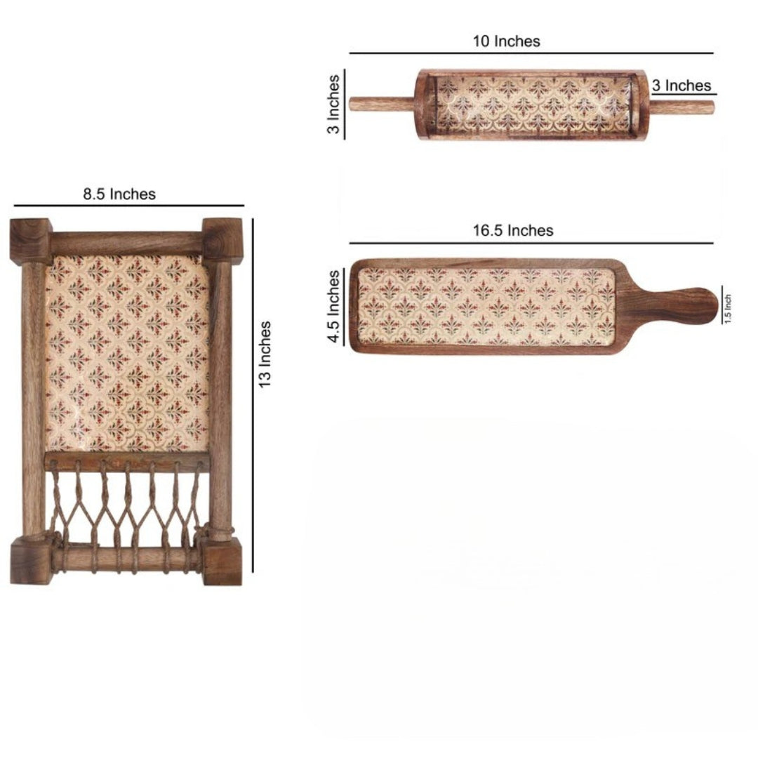 peach mughal print & enameled Wooden Khatiya Platter Set of 3 - khatiya platter , belan platter , bat platter