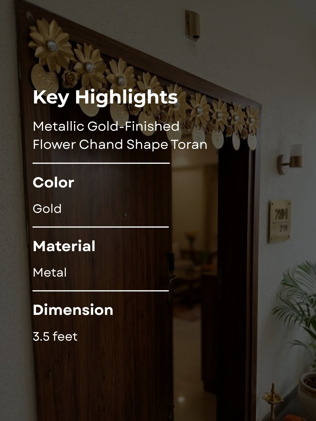 metal gold finish flower chand shape toran