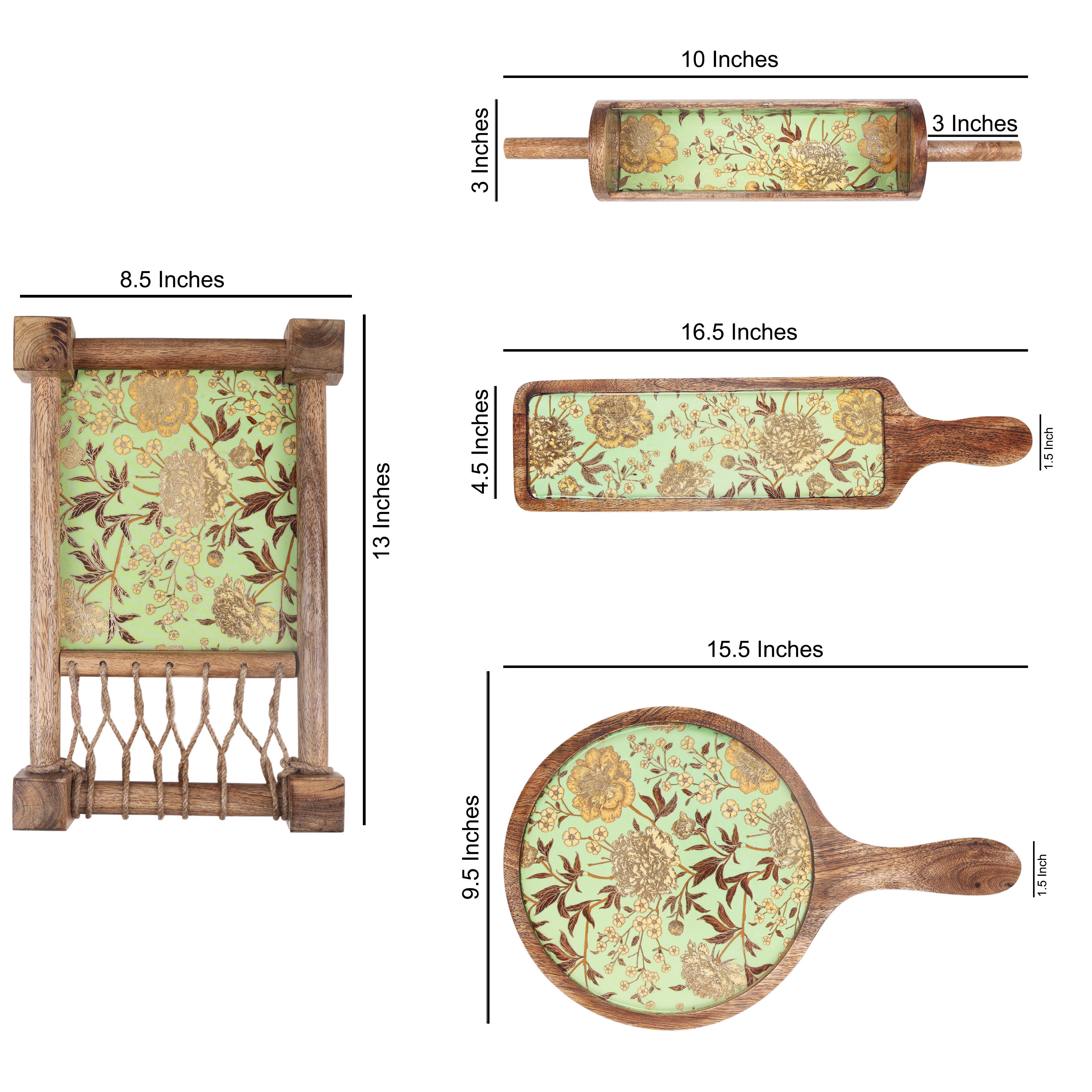 Green Flower Print & Enameled Wooden Khatiya Platter Set of 4