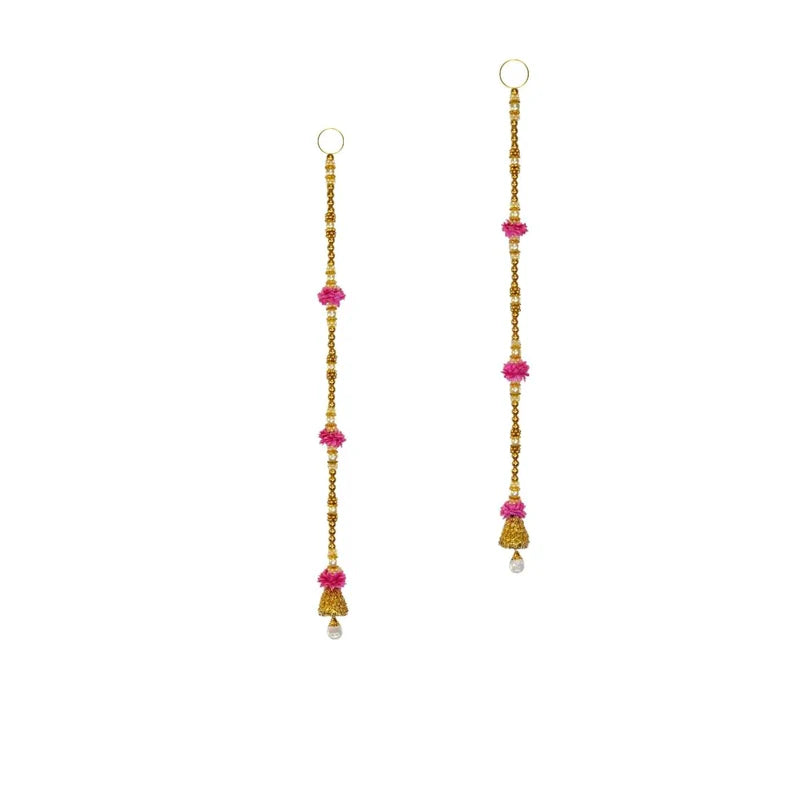 Pink Flower Gold & White Moti With Crystal Hanging Side Hangings Set of 2