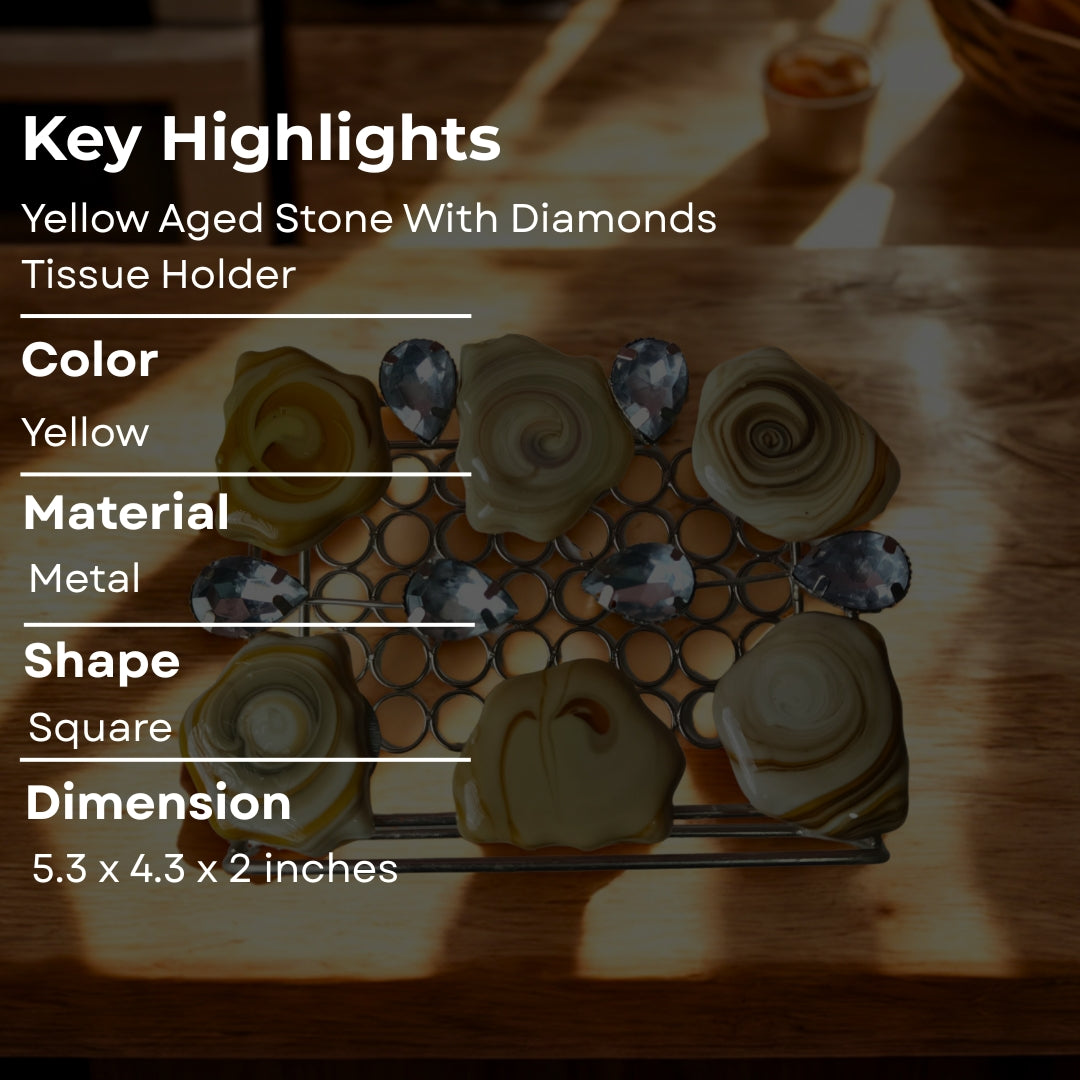 Tissue Holder - Metal Rectangle Shape With Yellow Stone