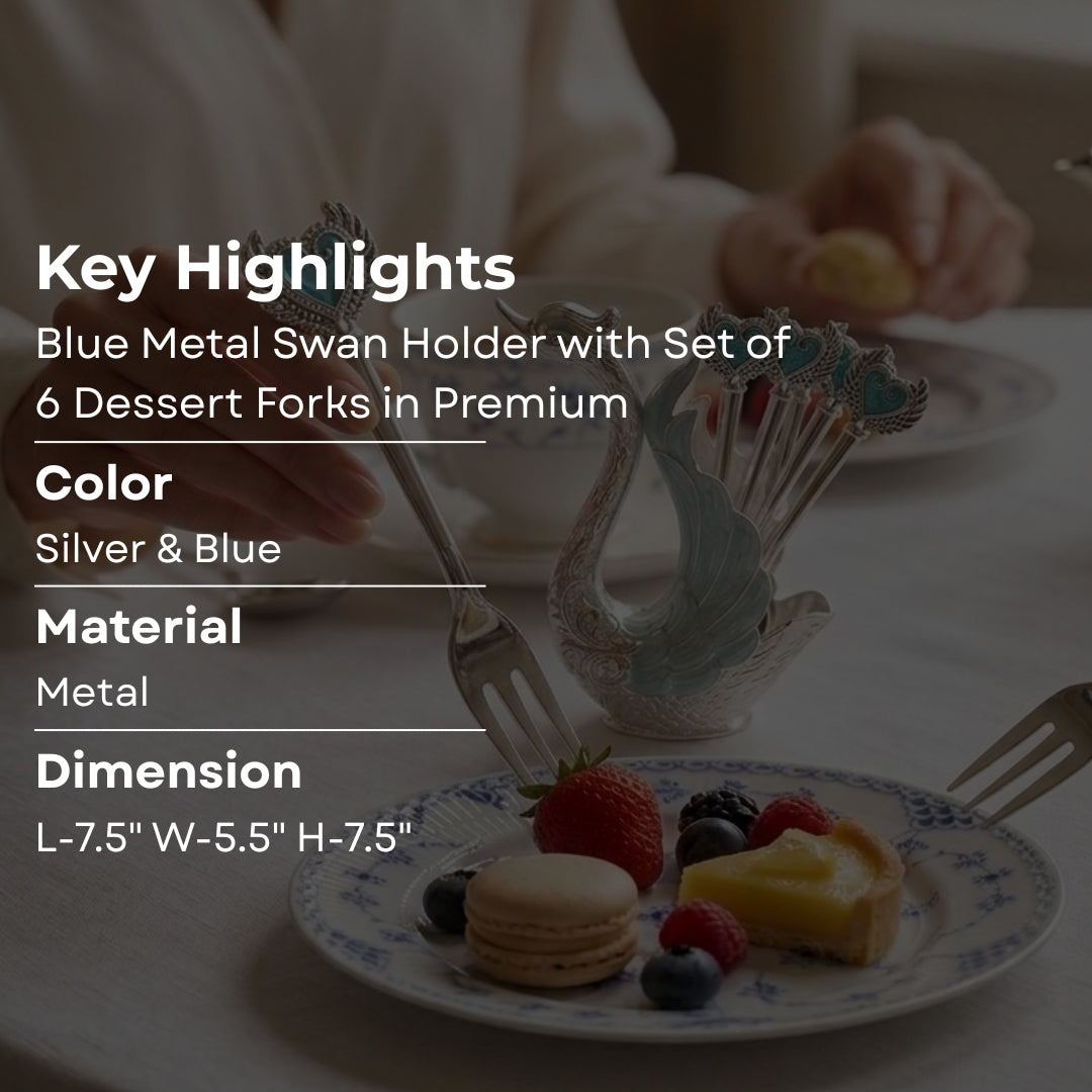 Blue Metal Swan Holder with Set of 6 Dessert Forks in Premium Gift Box