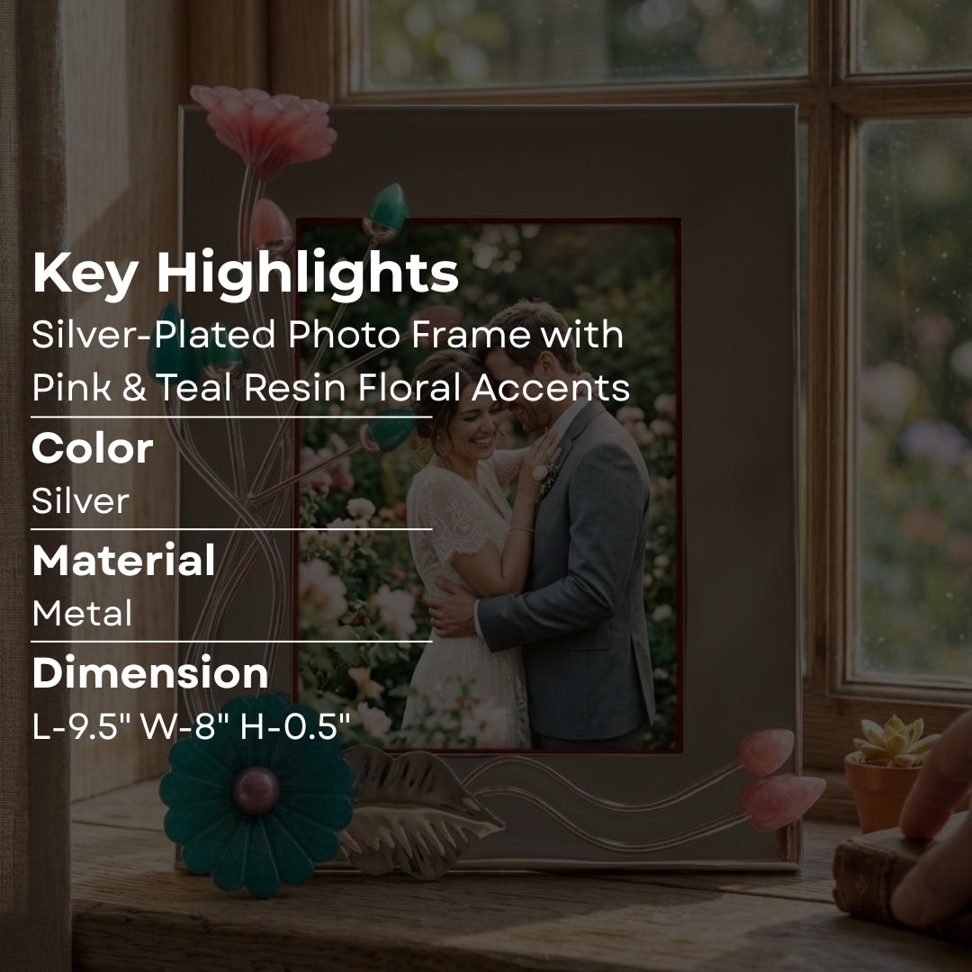 Silver-Plated Photo Frame with Pink & Teal Resin Floral Accents