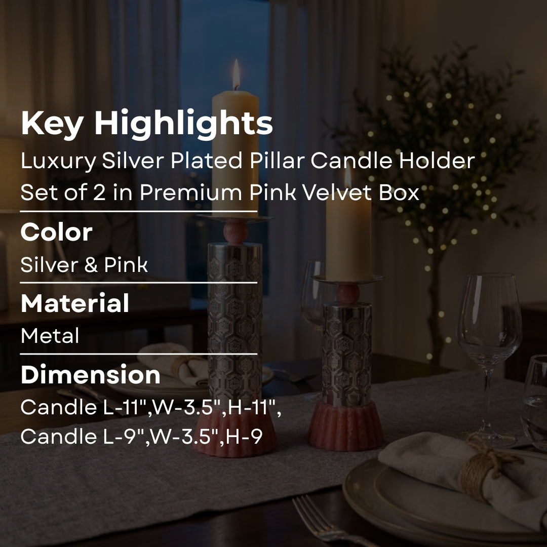 Luxury Silver Plated Pillar Candle Holder Set of 2 in Premium Pink Velvet Box