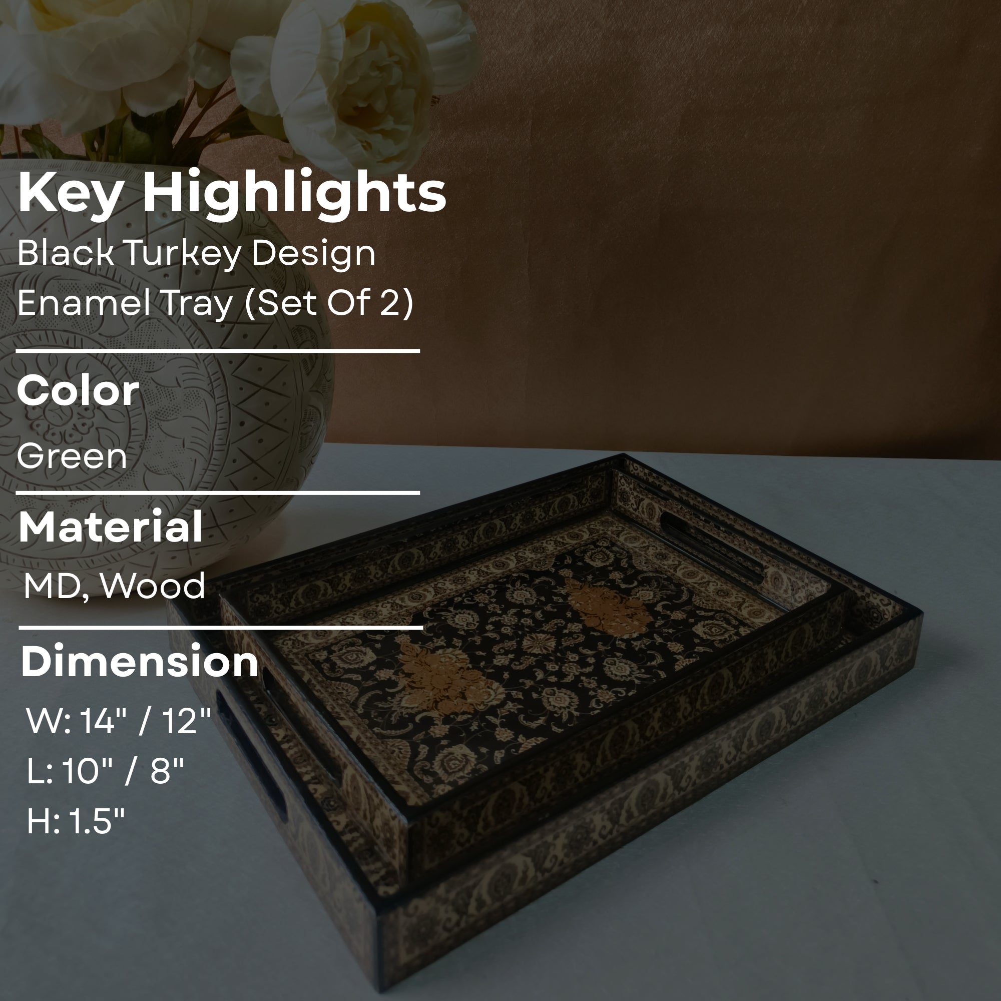 Wooden Black Turkey print & Enamel Tray set of 2