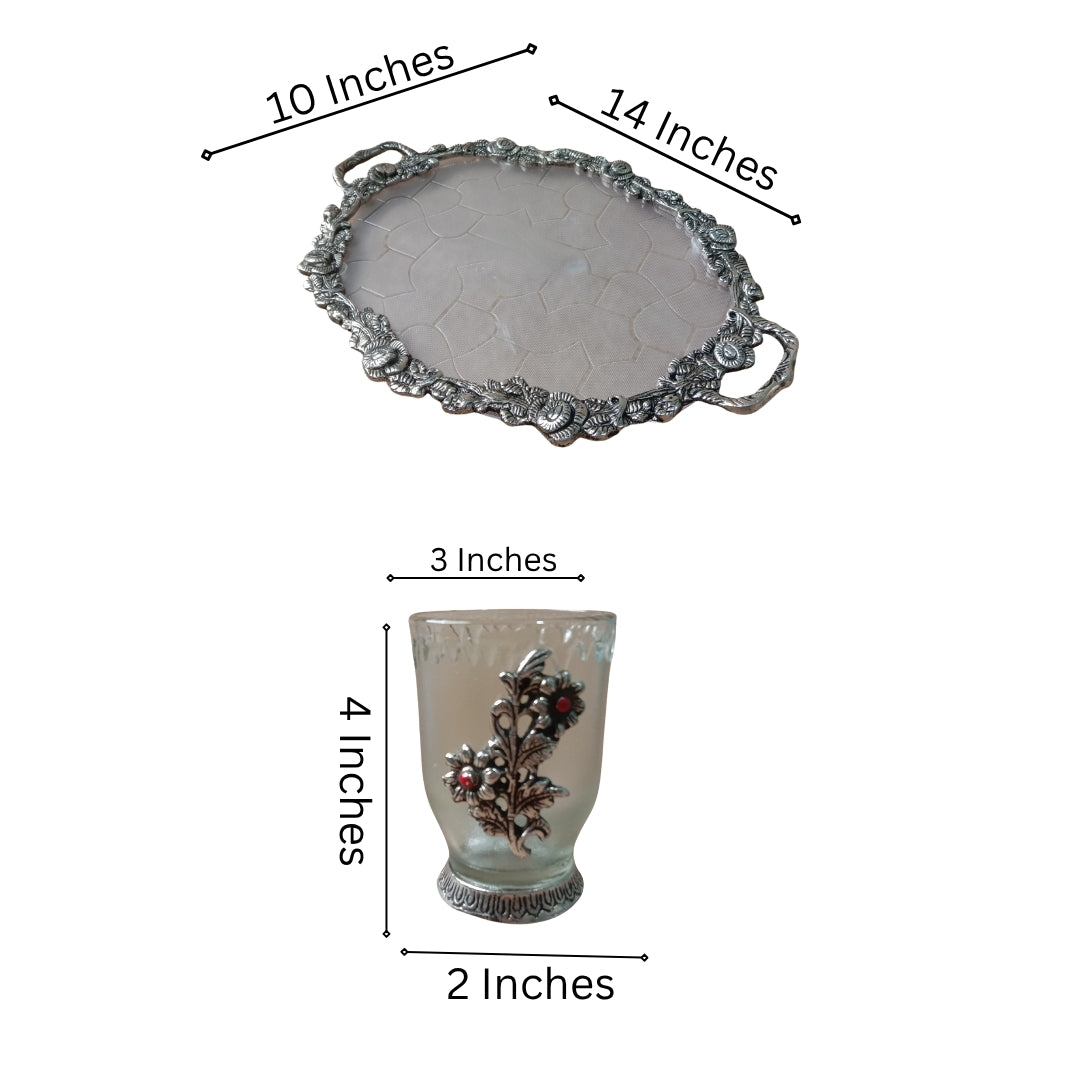 Silver Plated Glass and Tray Set of 7with Floral Motif