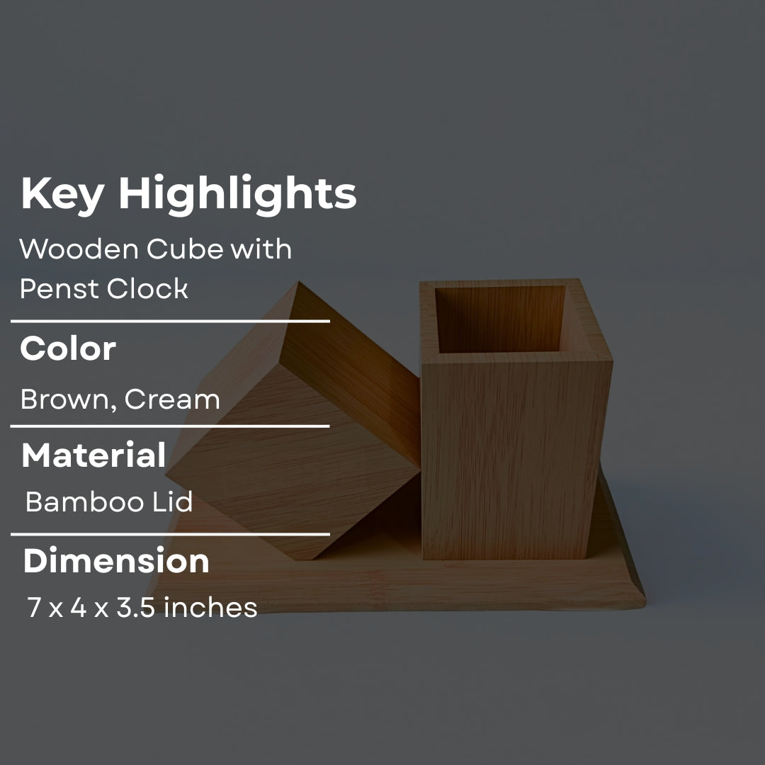 Wooden Cube Of Penstand With Digital Clock