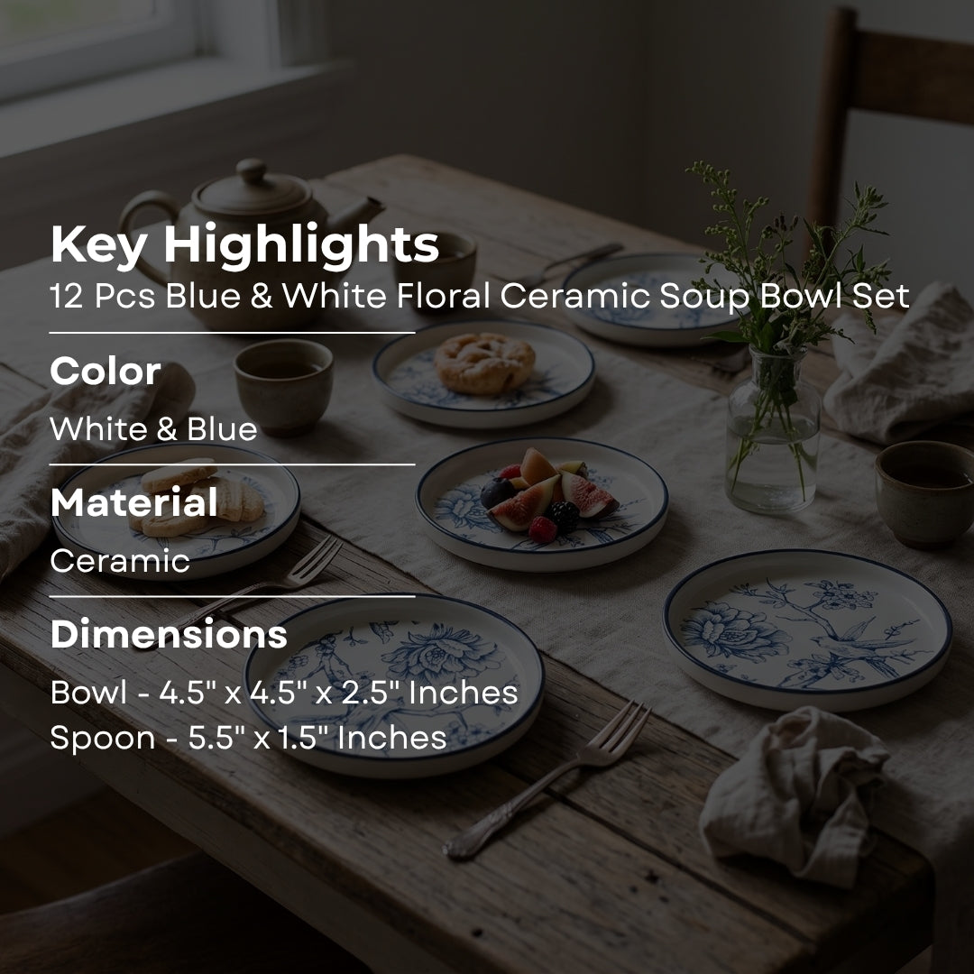 12 Pcs Blue & White Floral Ceramic Soup Bowl Set