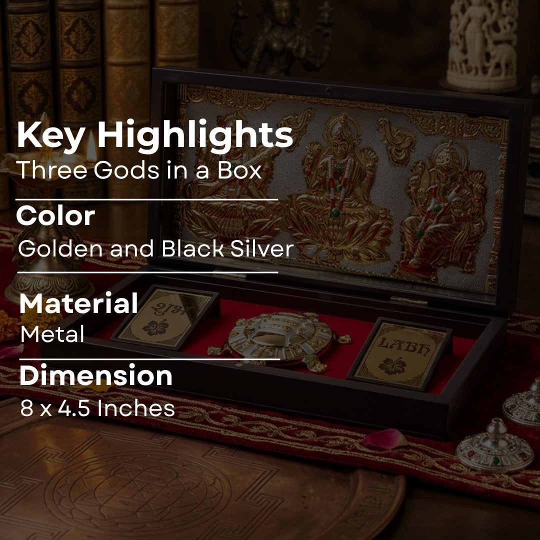 999 Pure Silver & 24K Gold Plated Laxmi Ganesh Saraswati Idol with Feng Shui Kachua Pooja Box