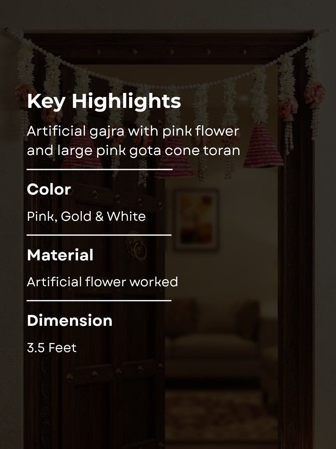 Artificial gajra with pink flower and large pink gota cone toran