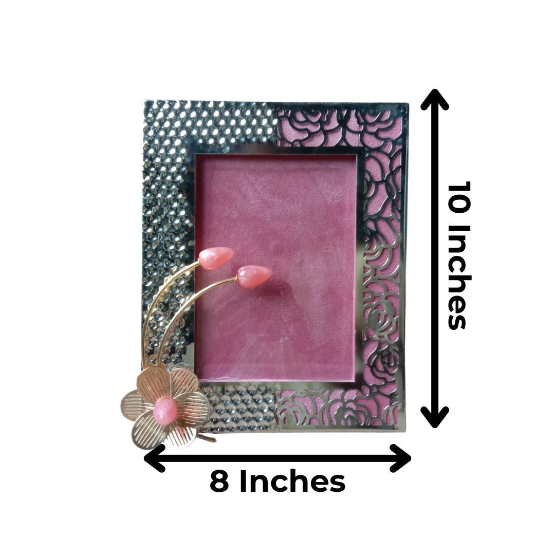 Silver Plated Hammered Photo Frame with Lotus Bud Accent | Premium Luxury Gift Box
