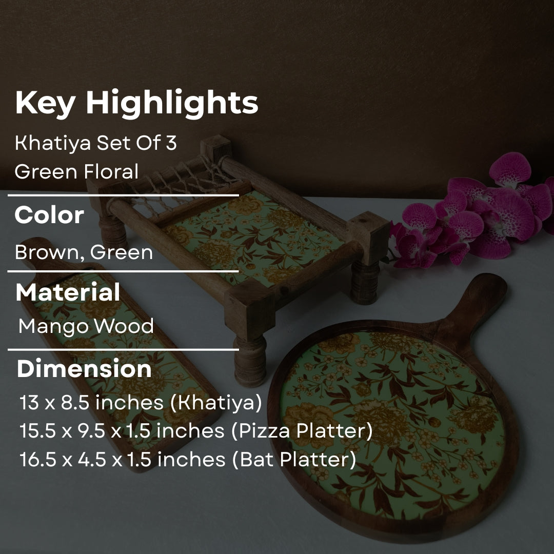 green flower print & enameled Wooden Khatiya Platter Set of 3 - khatiya platter , pizza platter , bat platter