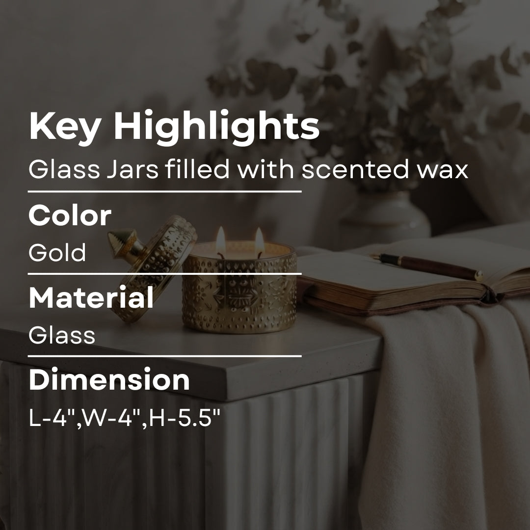 Decorative Gold Embossed Glass Jar with Scented Wax - Elegant Candle Holder