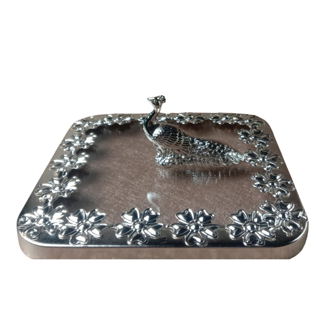 Decorative Silver Peacock Design Square Storage Box with Lid