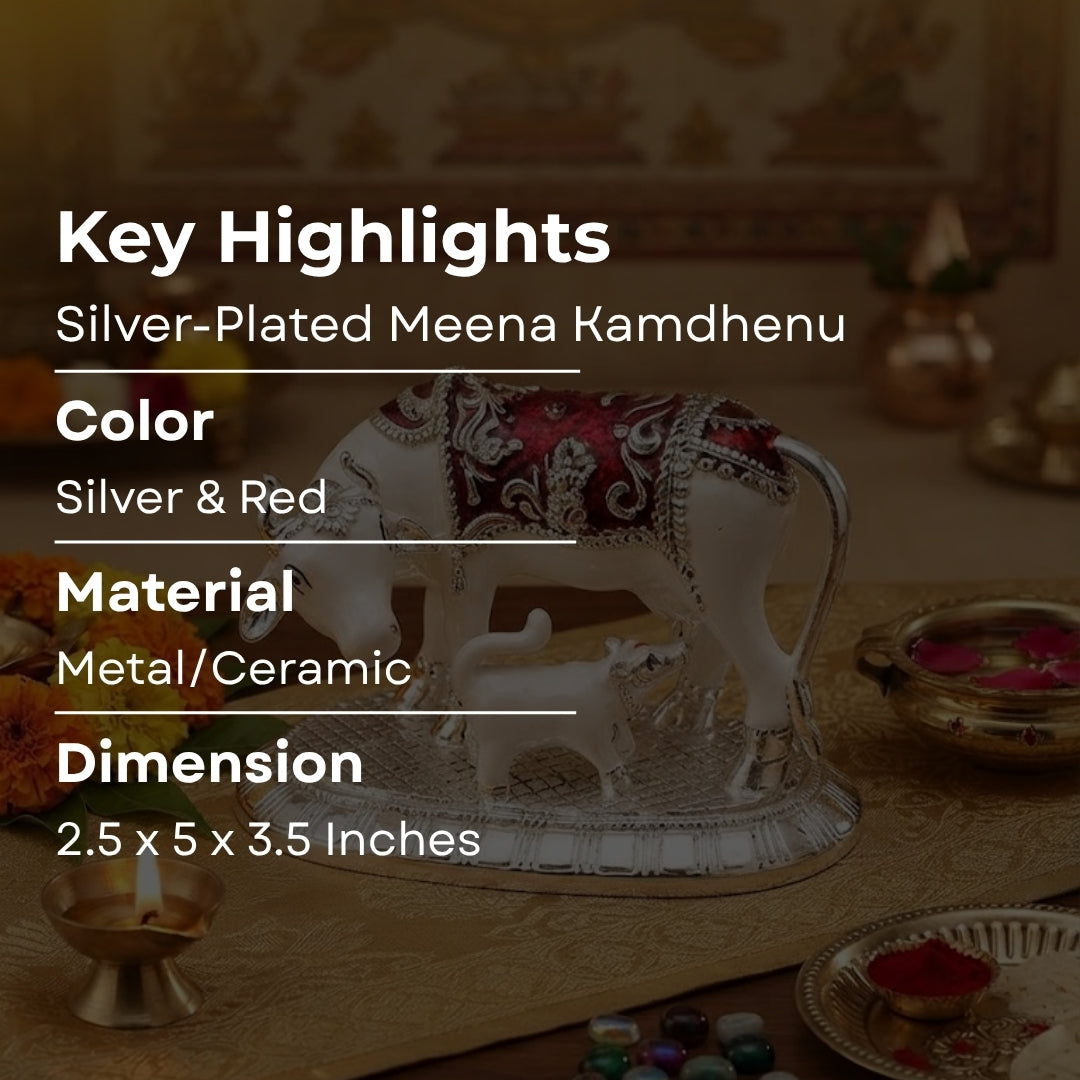 The Home Co. 999 Pure Silver Plated with meena Kamdhenu Cow & Calf Idol with Om Detail (4.5") | Single-Tone Om Showpiece in Premium Velvet Gift Box