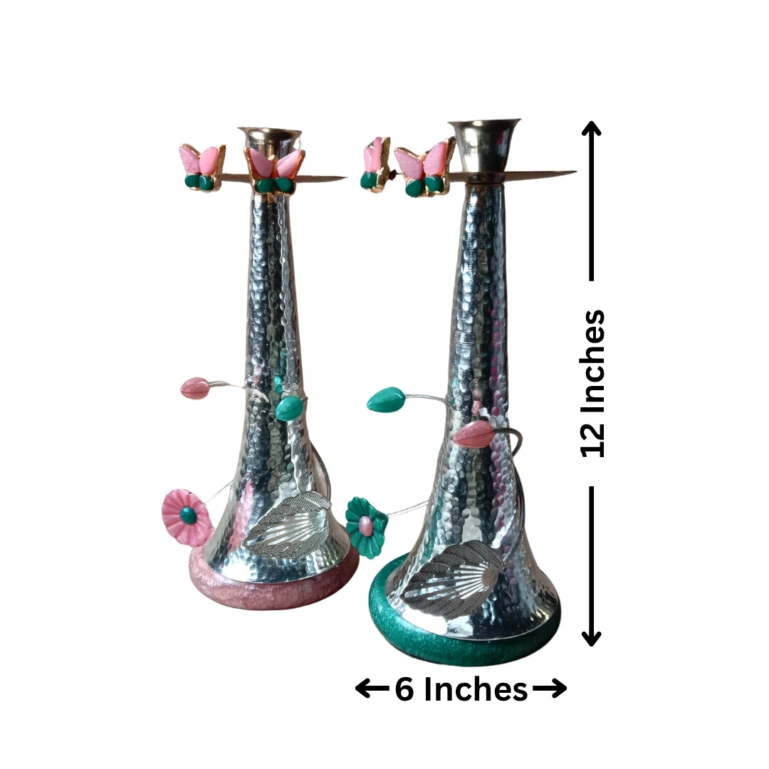 Hammered Silver-Plated Candle Stands with Floral Resin Base (Set of 2)