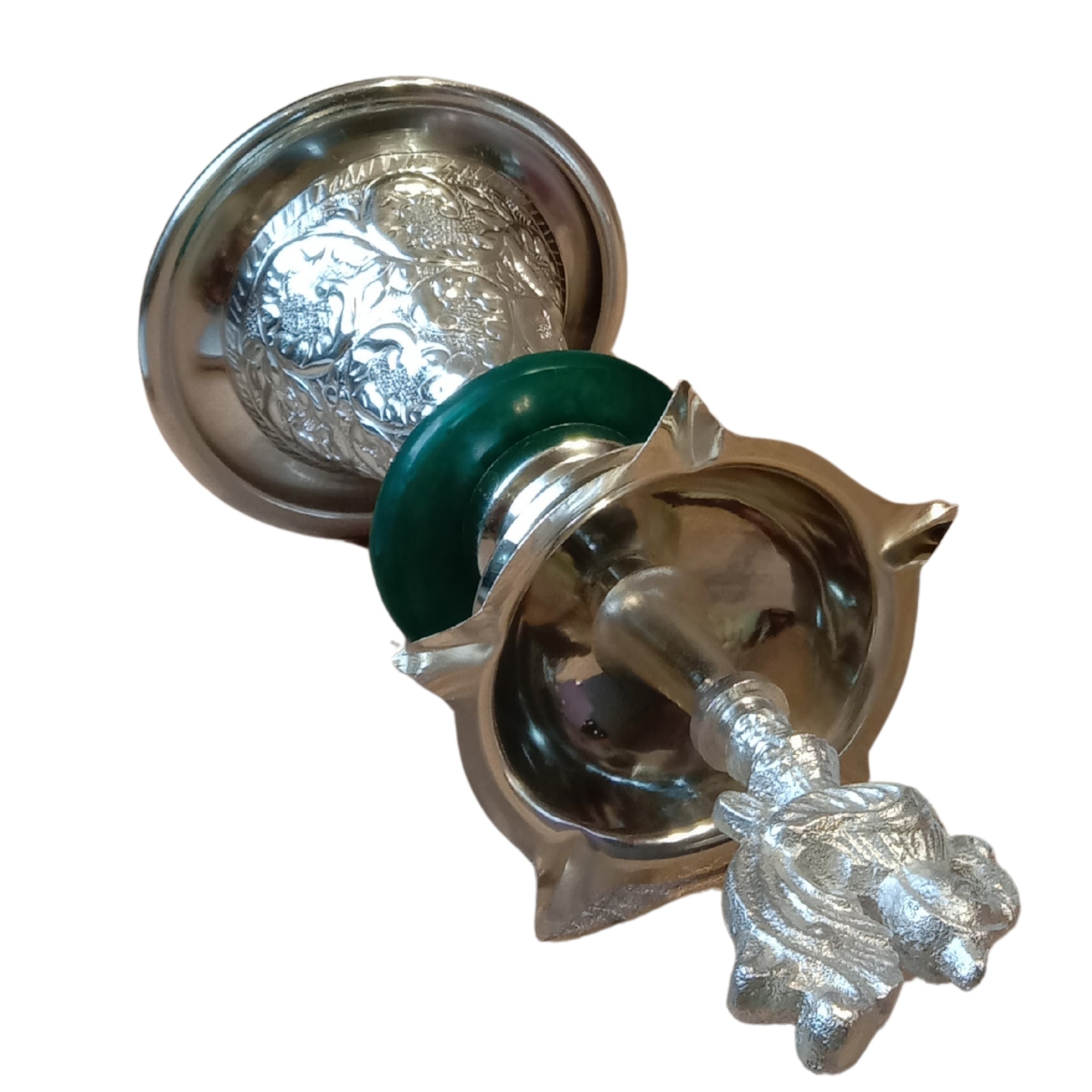 Silver-Plated Peacock Diya with Velvet Gift Boxe- Green SINGLE PC