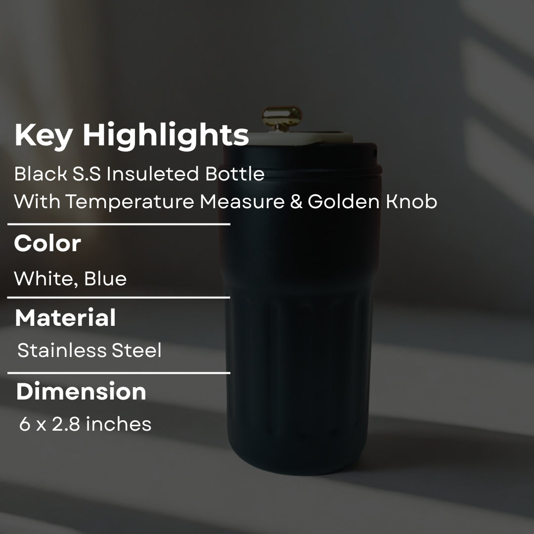 Black Stainless Steel Temperature Measure Sipper With Golden Capsule Knob