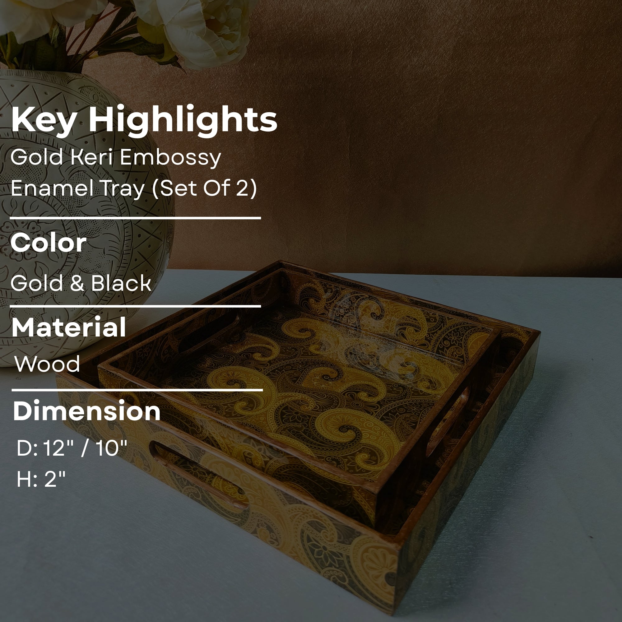 Rectangle wooden Gold Keri Embossy Design Enamel Tray set of 2