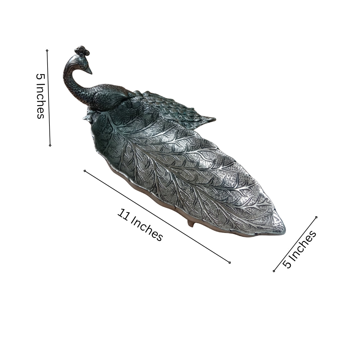 Silver Plated Peacock Design Decorative Tray in Turquoise Velvet Box