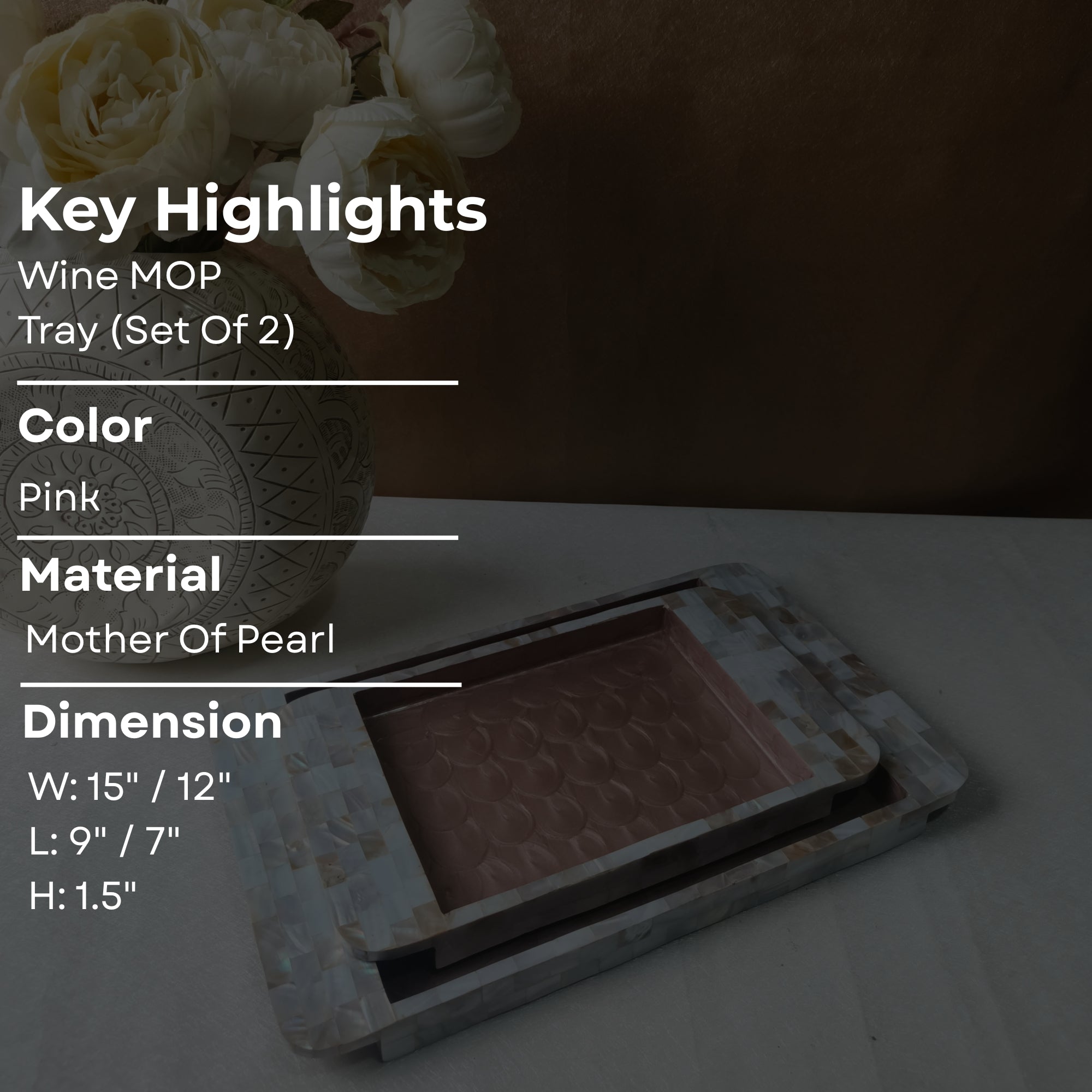 Rectangle Tray Set Of 2 - Wooden with White mother of pearl