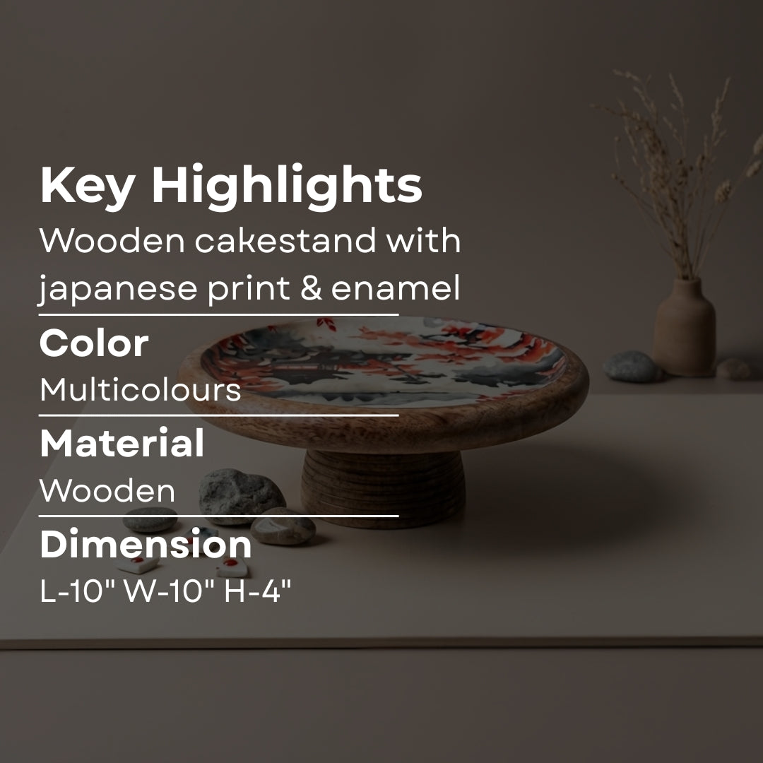 Japanese Art Print Enamel & Wooden Cake Stand