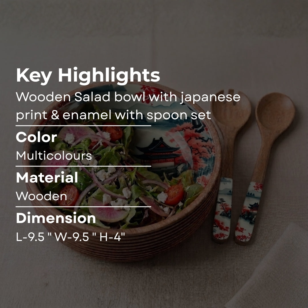 Japanese Floral Print Enamel & Ribbed Wooden Salad Bowl Set